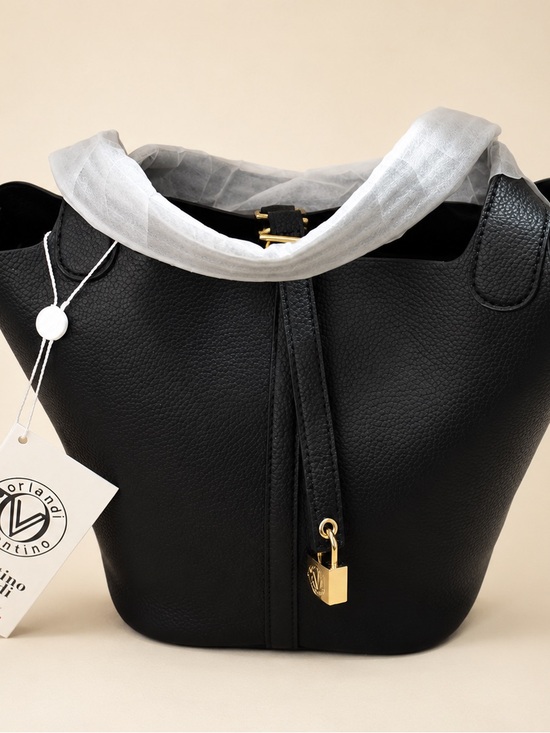 Valentino Handbags - Valentino Orlandi Black Pebbled Leather Bucket Tote with Gold Padlock